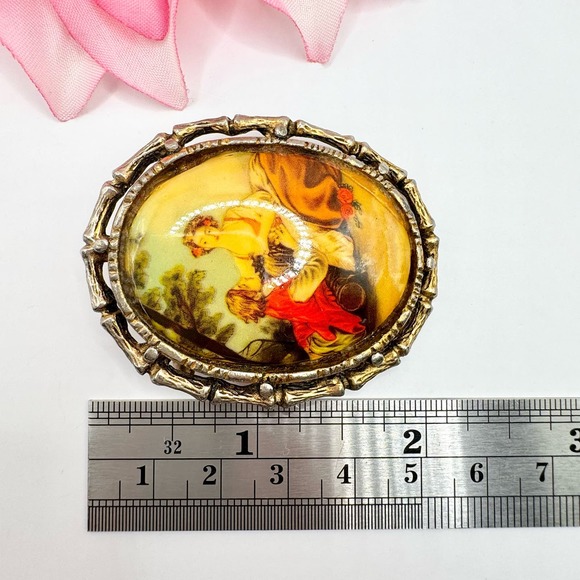 Vintage Courting Couple Glass Cameo Fragonard Style Transfer Bamboo Frame - Picture 4 of 7